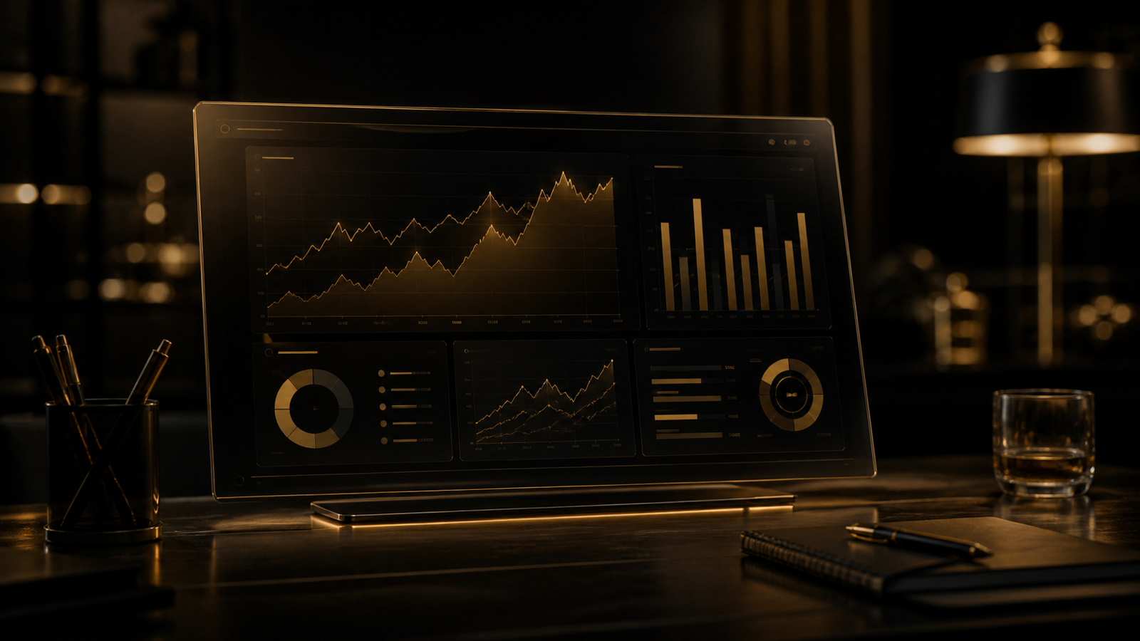 Dashboard financeiro em ambiente executivo escuro